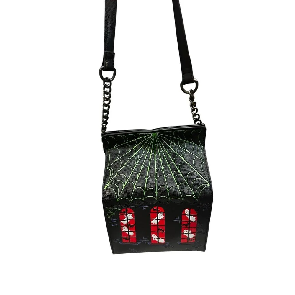 Mad Engine Haunted House Ghosts Dracula Spider Web Crossbody Bag Black EUC